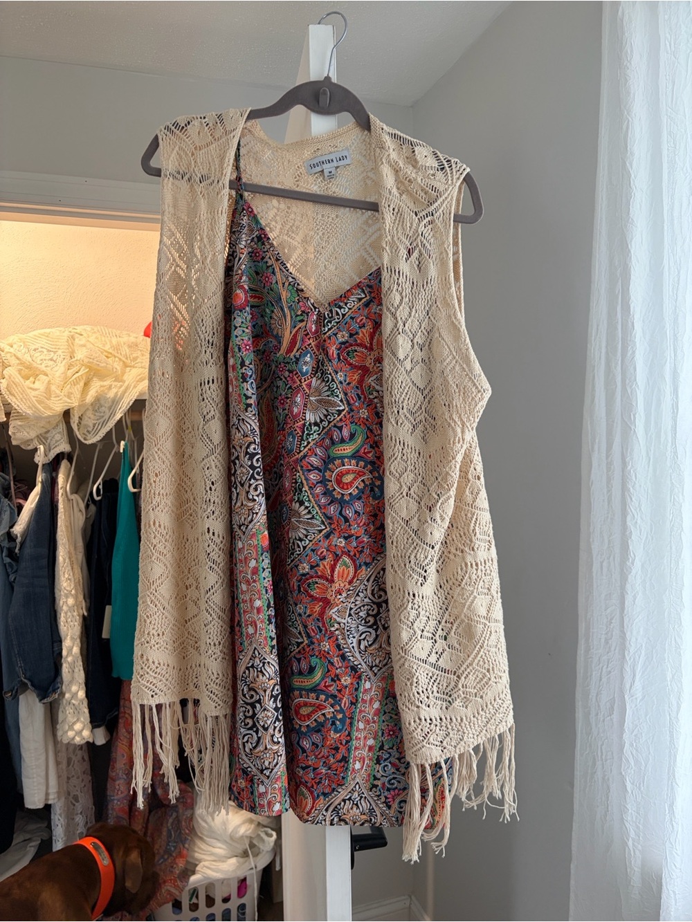 Southern Lady Multicolor Paisley Mini Dress with Cream Crochet Vest